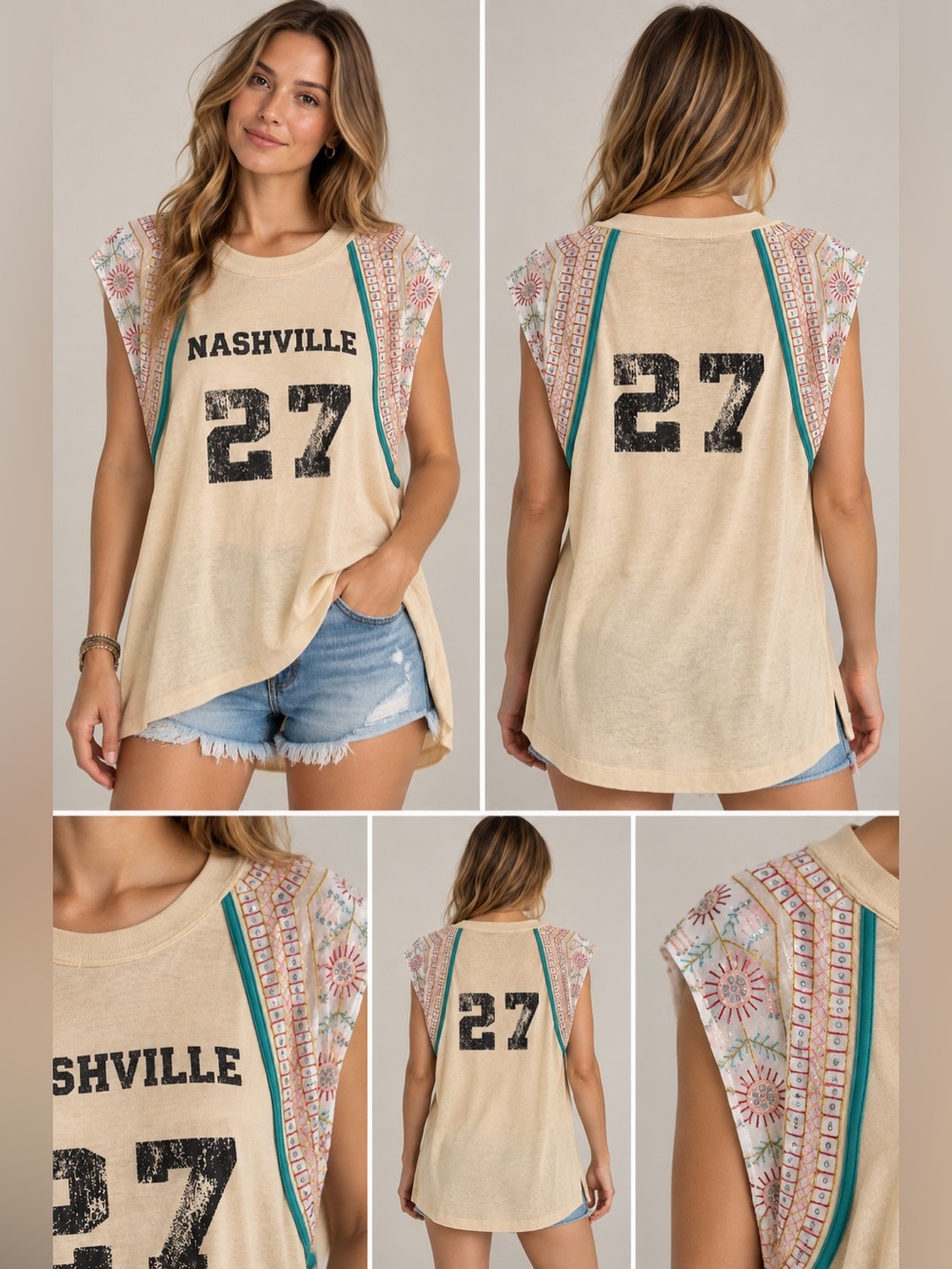 TALULAH Cream 'Nashville 27' Sleeveless Tank with Patterned Shoulder Panels